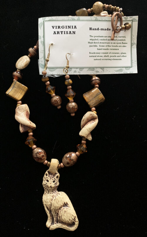 Stoneware Necklace / Earring Set with natural copper & Cat Pendant